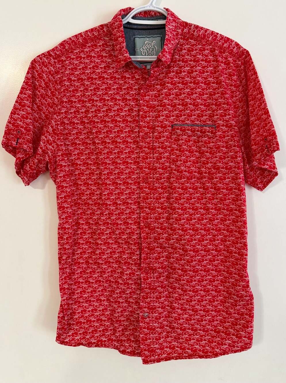 Good Vibes Short Sleeve Button Down Shirt Red Fish Print XL